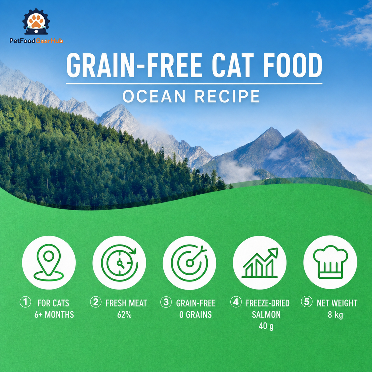 Five illustrated cat food facts: cats 6+ months, 62% fresh meat, zero grains, 40 g freeze-dried meat and an 8 kg pack.