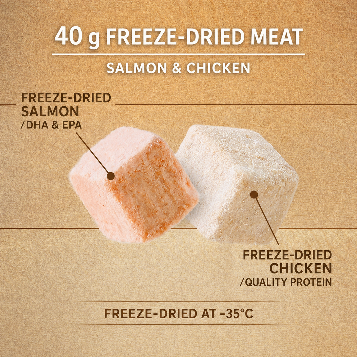 Freeze-dried salmon and chicken cubes with English labels, DHA and EPA facts, 40 g content and a -35 degrees C drying diagram.