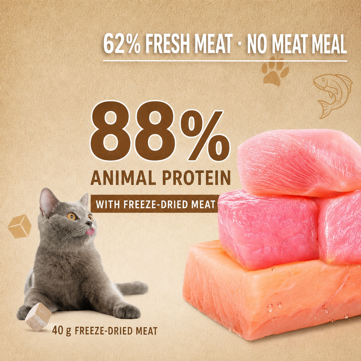 Cat food ingredient graphic showing 62% fresh meat, 88% animal protein, 40 g freeze-dried meat and a gray cat.