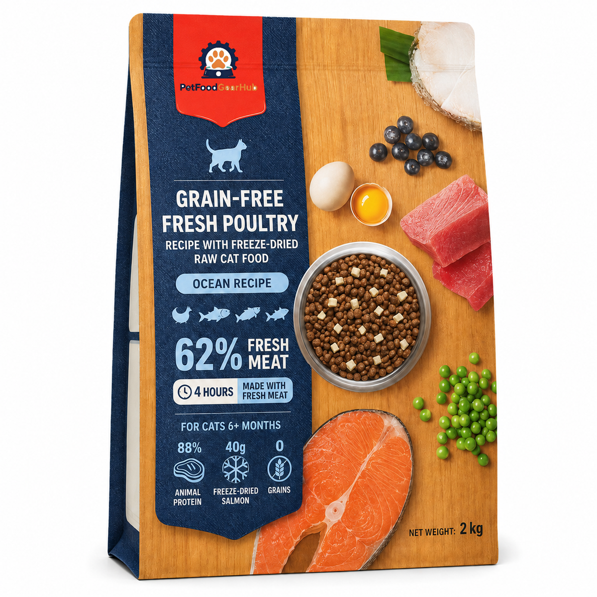 PetFoodGearHub Ocean Recipe grain-free cat food in a 2 kg blue and orange pouch with fish pictures and English recipe details.