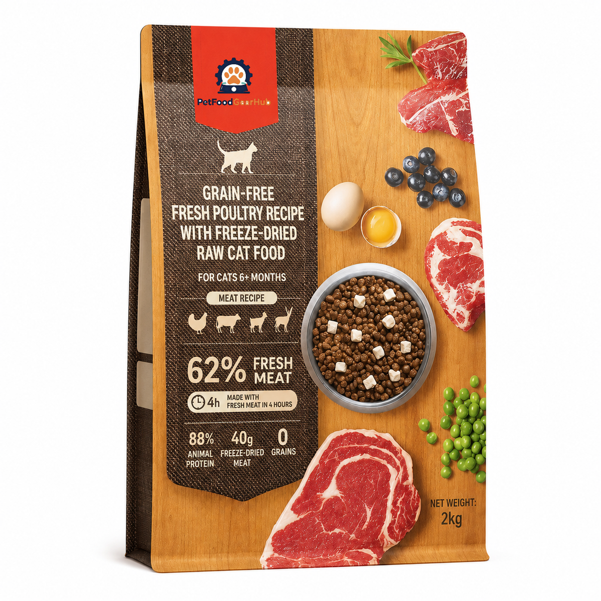 PetFoodGearHub Meat Recipe cat food in a 2 kg brown and orange pouch with beef illustrations and English ingredient facts.