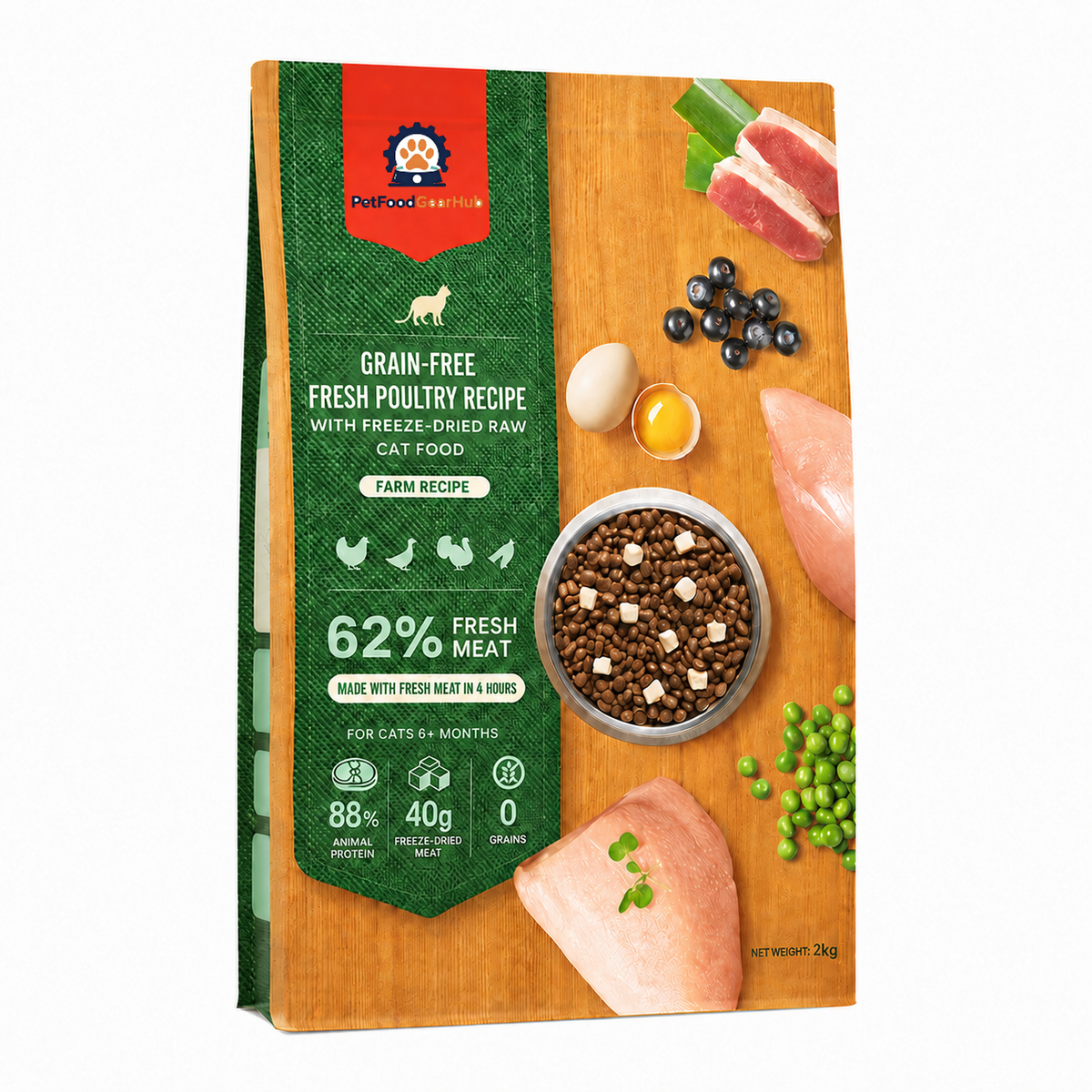 PetFoodGearHub Farm Recipe cat food in a 2 kg green and orange pouch with poultry illustrations and English ingredient facts.