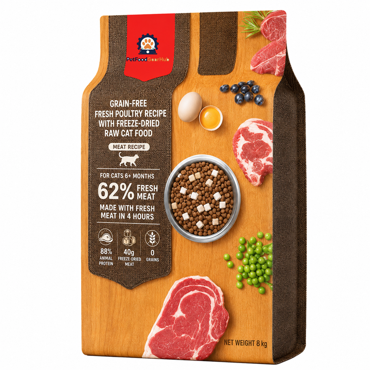 Angled 8 kg PetFoodGearHub Meat Recipe cat food pouch, showing brown fabric artwork, beef pictures and English product details.
