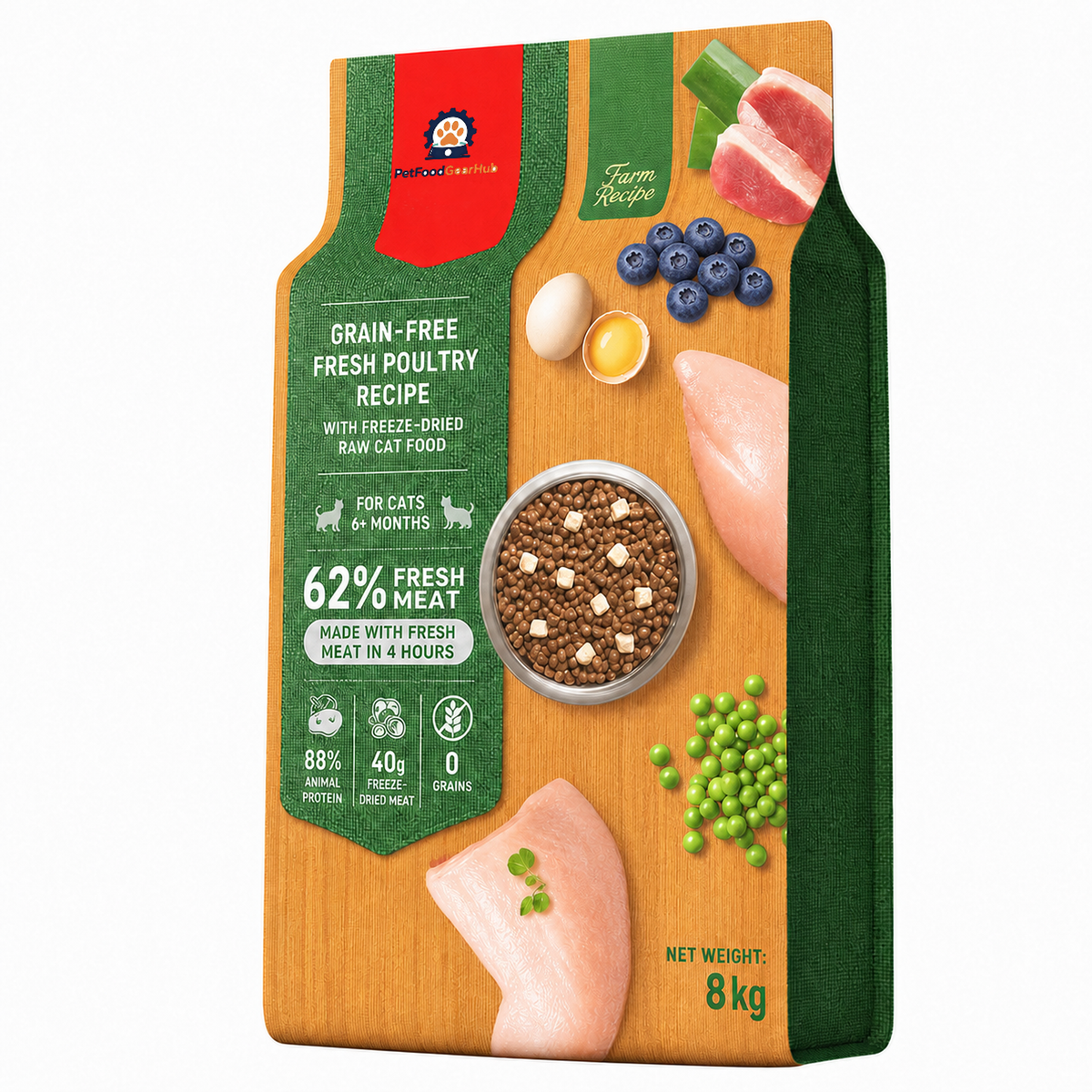 Angled 8 kg PetFoodGearHub Farm Recipe cat food pouch, showing green fabric artwork, poultry and blueberry illustrations.