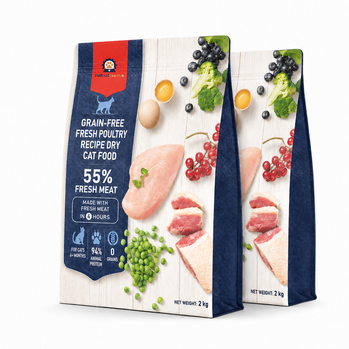 Two overlapping PetFoodGearHub 2 kg cat food pouches with blue and white wood artwork, labeled 55% fresh meat and 94% animal protein.