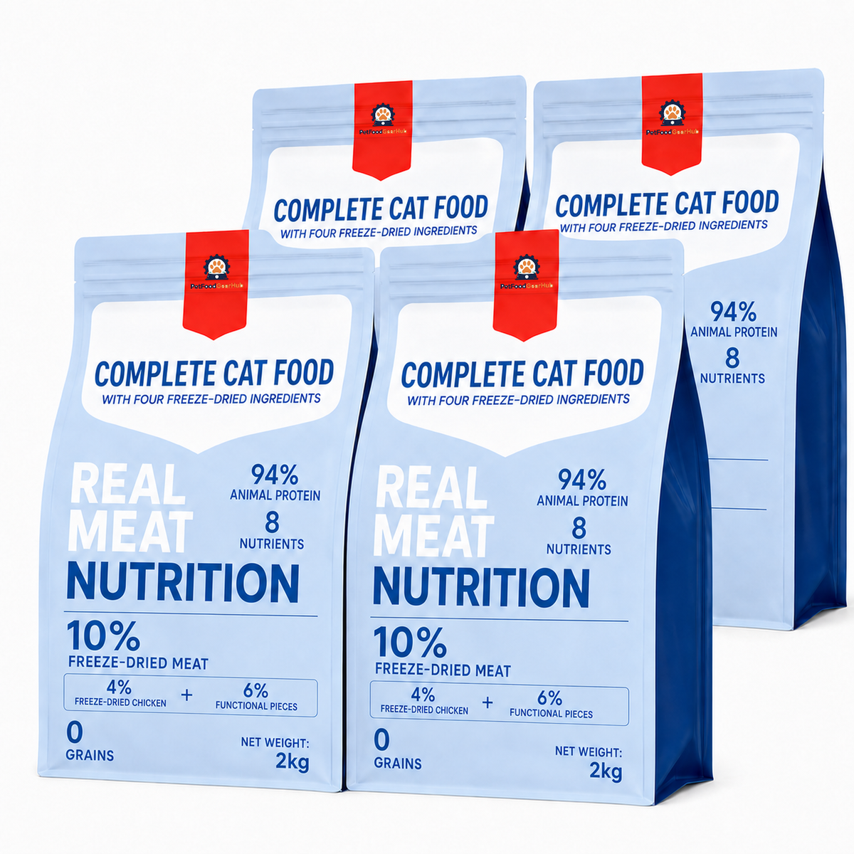 Four PetFoodGearHub 2 kg blue cat food pouches labeled 94% animal protein, 10% freeze-dried meat and zero grains.