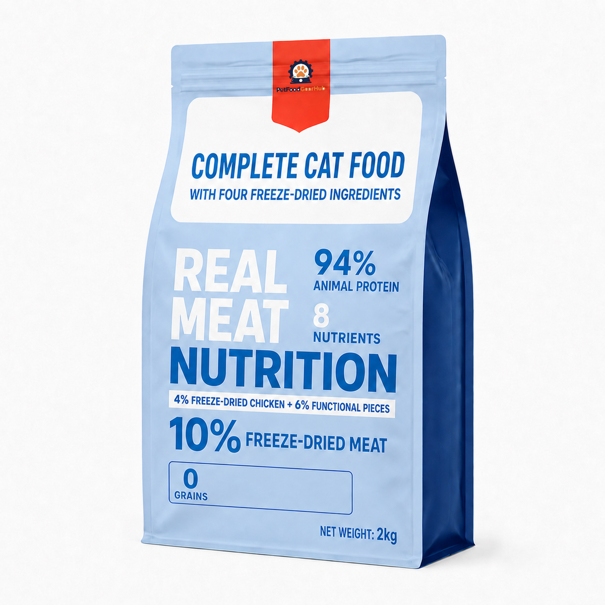 Single PetFoodGearHub 2 kg blue cat food pouch showing 94% animal protein, 4% freeze-dried chicken and 6% functional pieces.