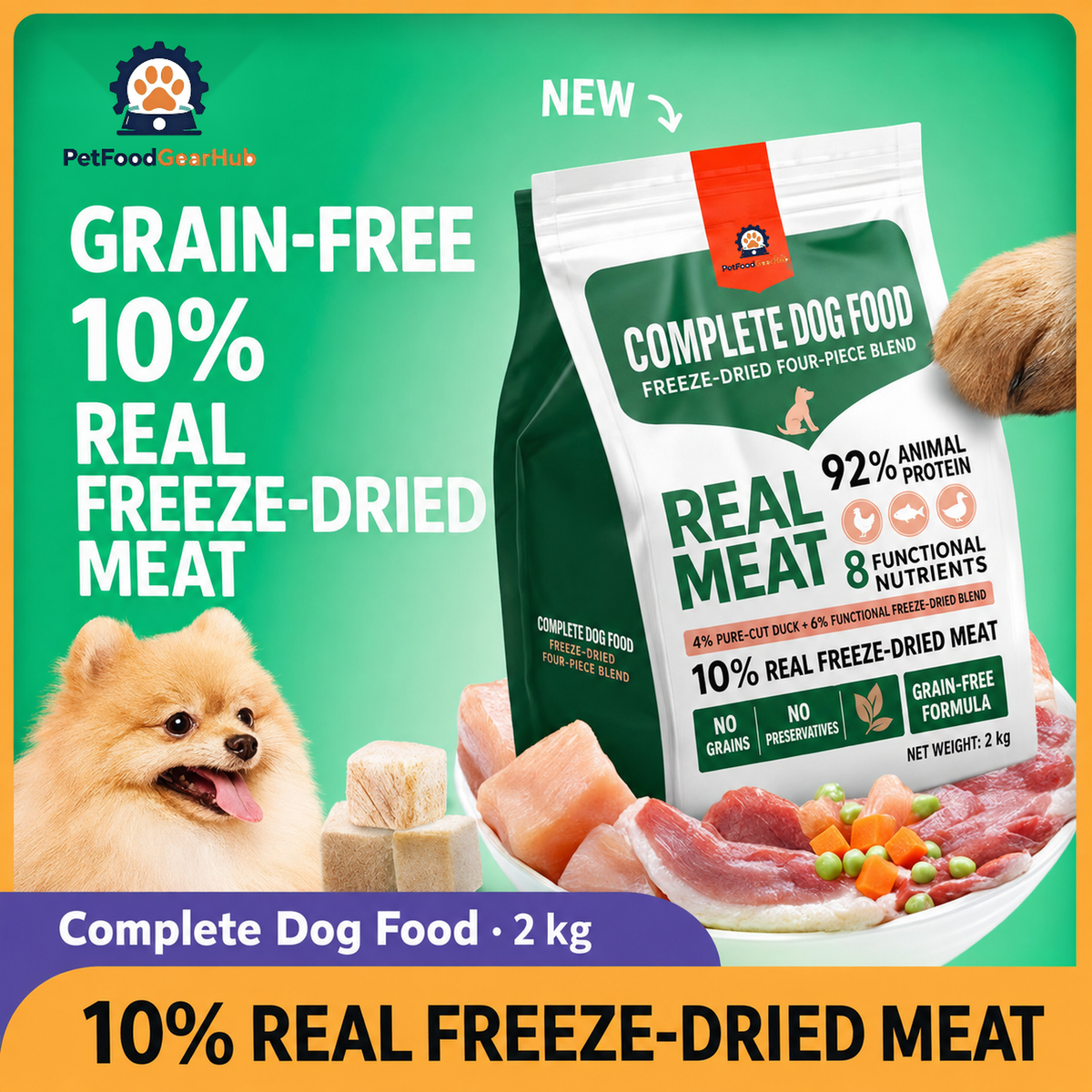 Golden Pomeranian beside a white-and-green 2 kg dog food pouch, freeze-dried cubes, and a plate of meat and vegetables.