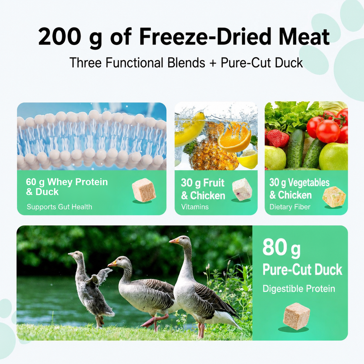 Freeze-dried blend chart showing whey protein and duck, fruit and chicken, vegetables and chicken, and pure-cut duck.