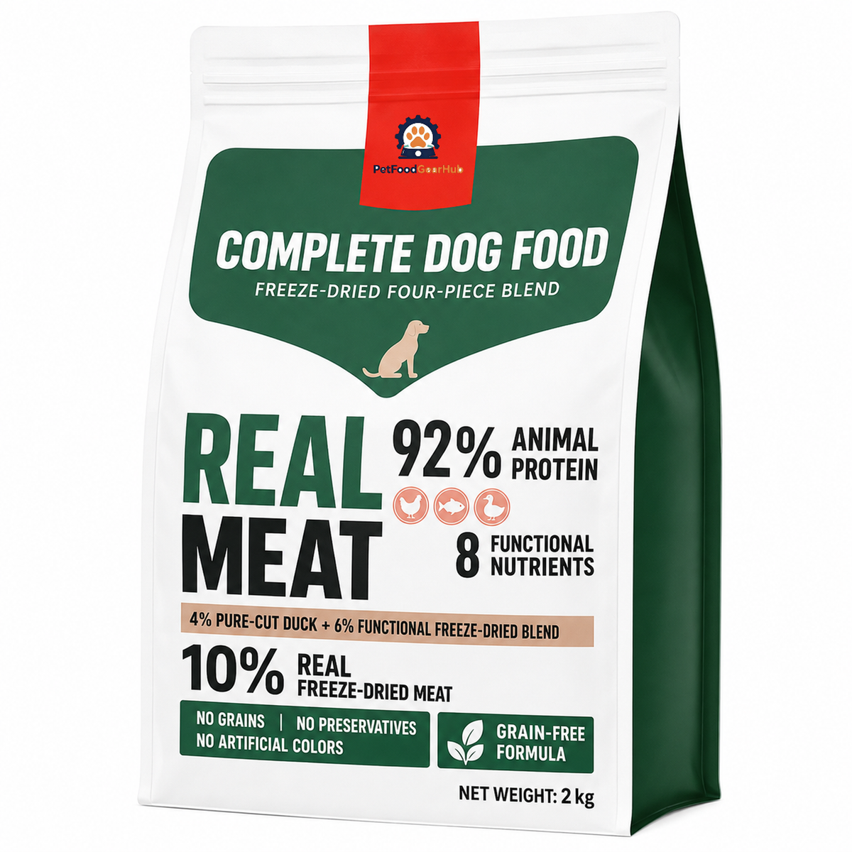PetFoodGearHub white-and-green 2 kg grain-free dog food bag shown in a neutral product view.