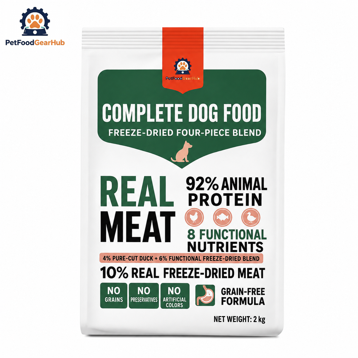 Front view of the white-and-green PetFoodGearHub 2 kg grain-free dog food pouch with freeze-dried ingredient callouts.