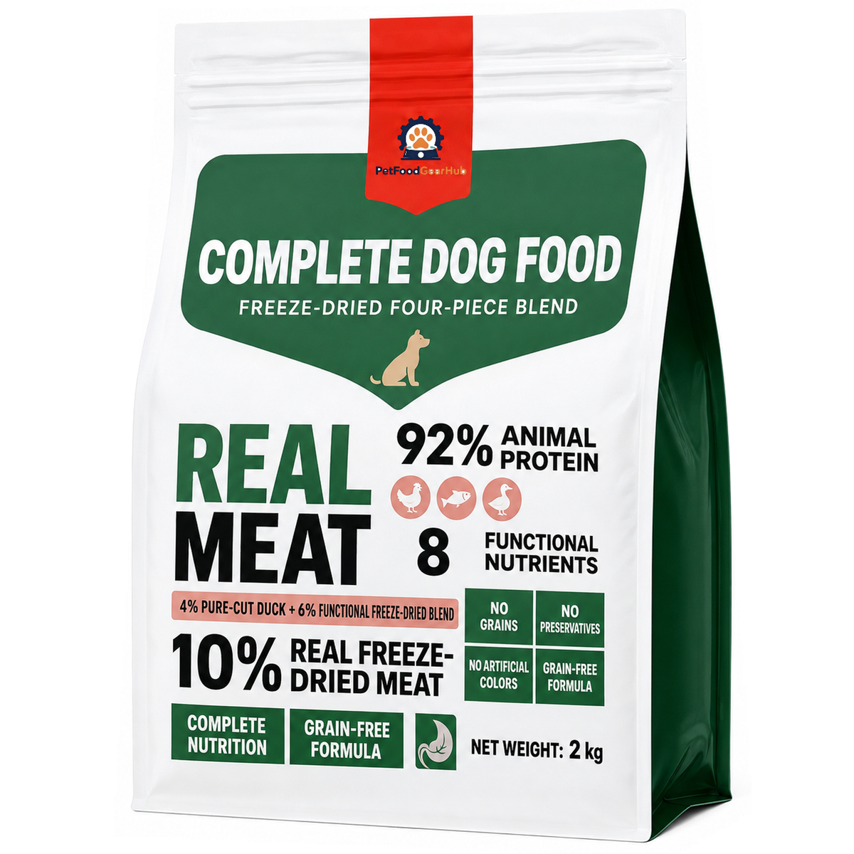 PetFoodGearHub grain-free dog food in a white-and-green 2 kg pouch with freeze-dried blend and animal-protein callouts.