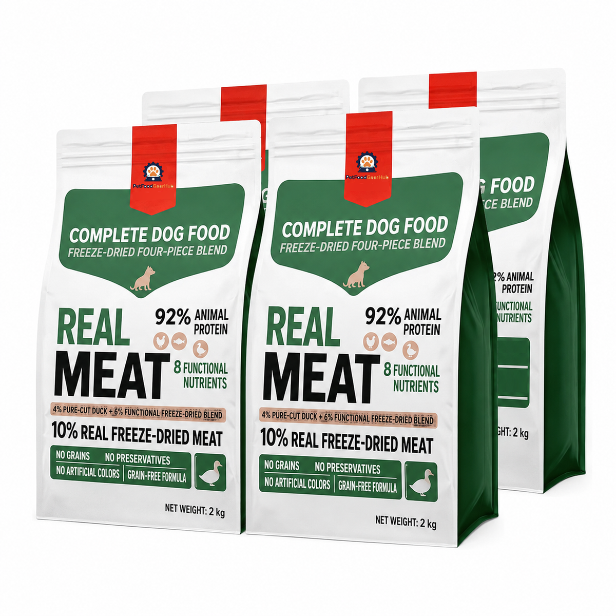 Overlapping white-and-green 2 kg pouches of PetFoodGearHub grain-free dog food with freeze-dried blend callouts.