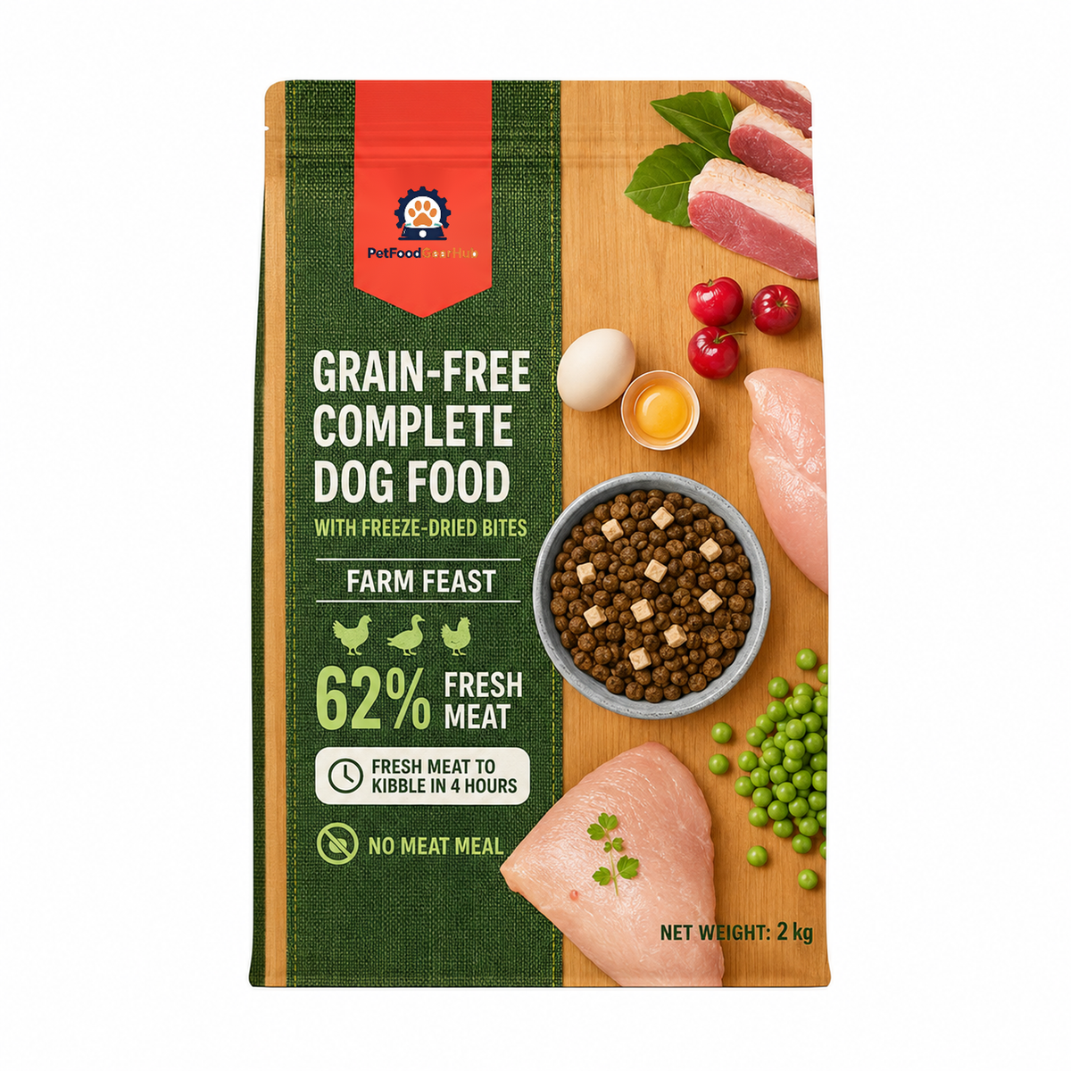 PetFoodGearHub Farm Feast 2 kg dog food pouch with green fabric artwork, fresh meat, vegetables, eggs, and kibble.