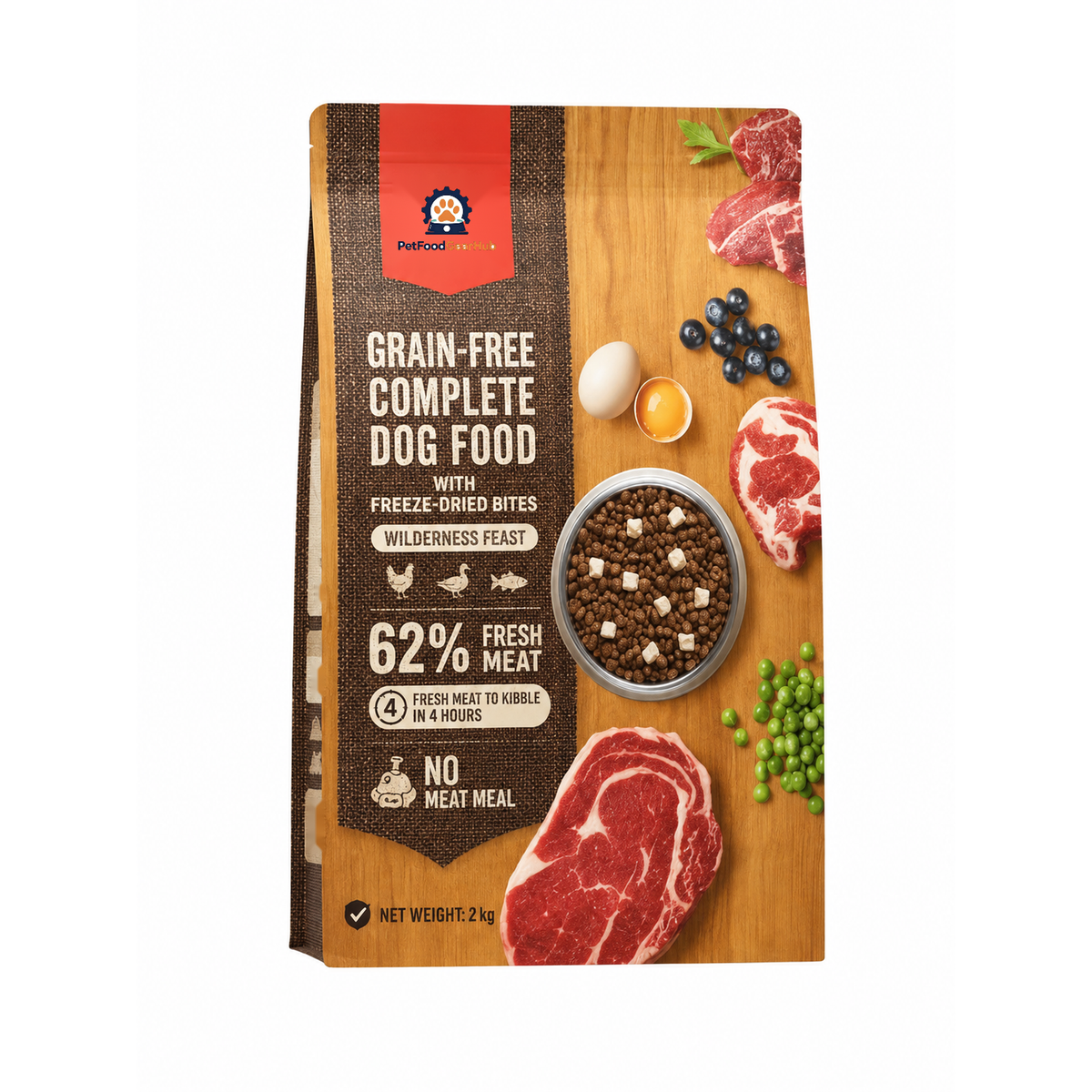 PetFoodGearHub Wilderness Feast 2 kg dog food bag with brown fabric artwork, meat, blueberries, eggs, and kibble.