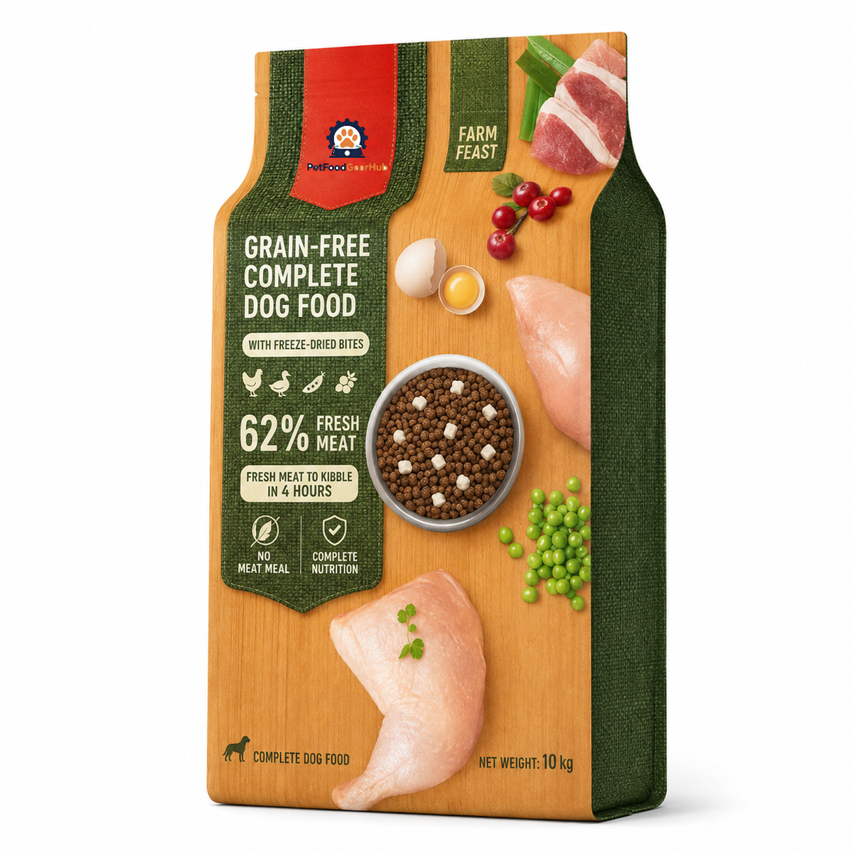 PetFoodGearHub Farm Feast 10 kg dog food bag with green fabric artwork, poultry ingredients, vegetables, and kibble.