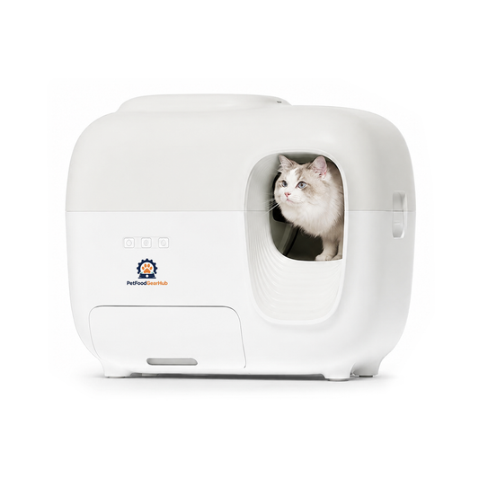 PetFoodGearHub white enclosed automatic litter box with front controls, waste drawer, and a cat at the side entrance.