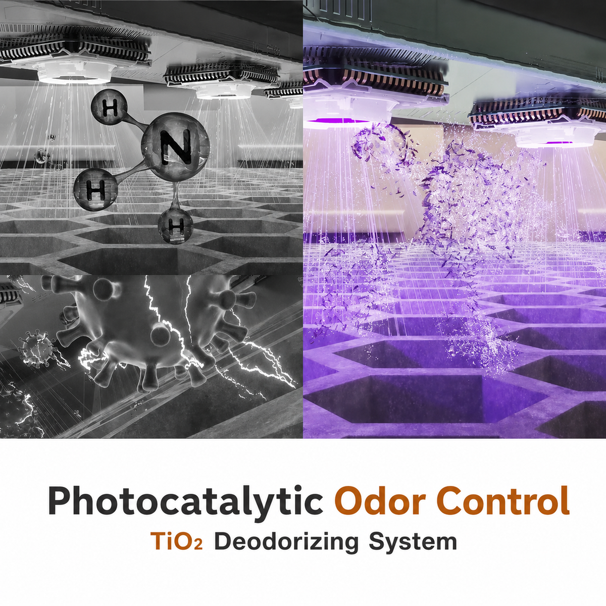 Three-panel photocatalytic odor-control diagram showing the TiO2 deodorizing system and purple illuminated components.