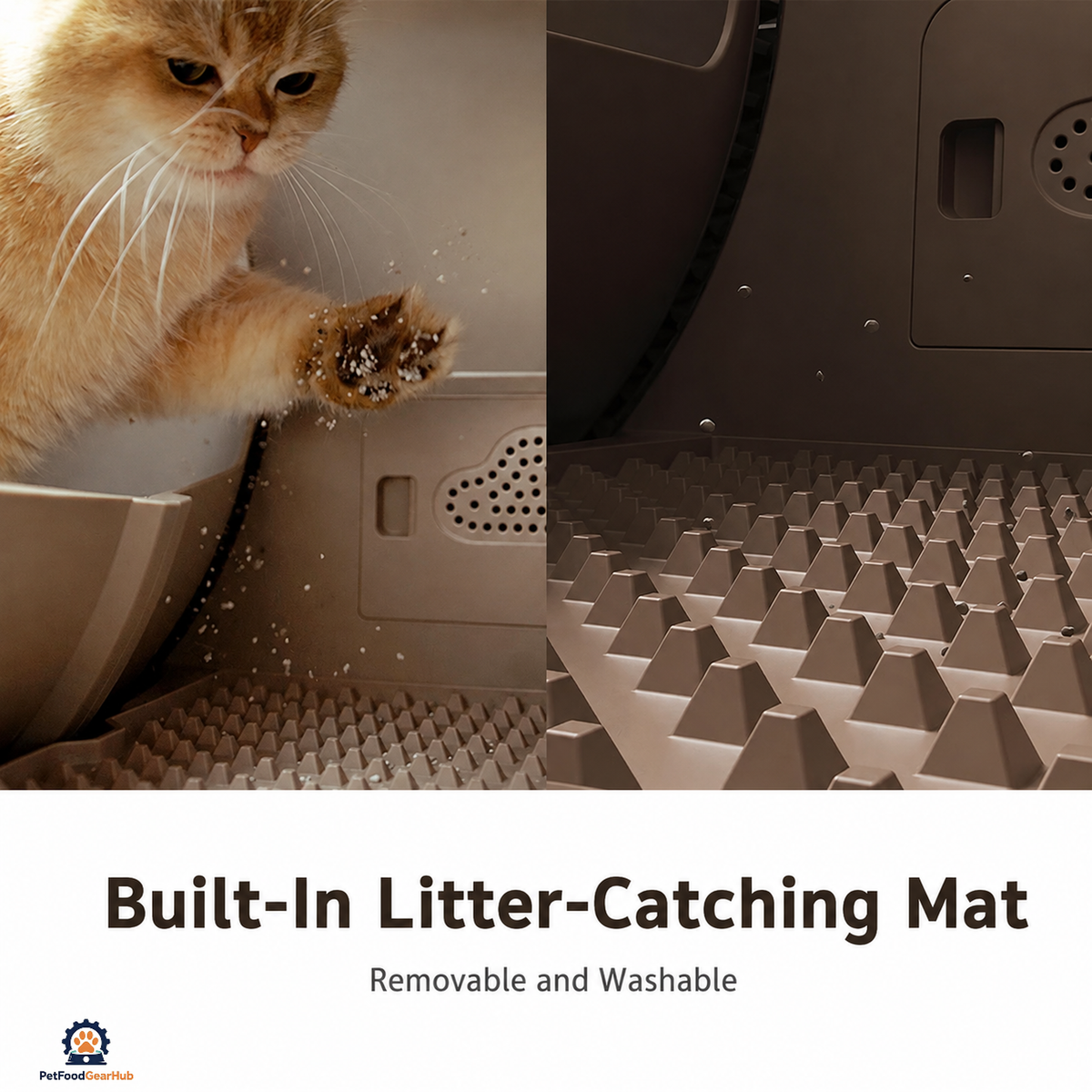 Two interior close-ups showing the built-in litter-catching mat, a cat's paw, and the removable honeycomb surface.