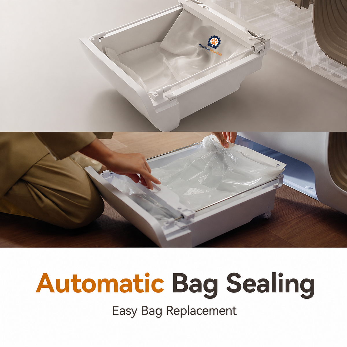 Two-panel guide showing the automatic litter box's waste drawer, bag-sealing arrangement, and replacement liner handling.