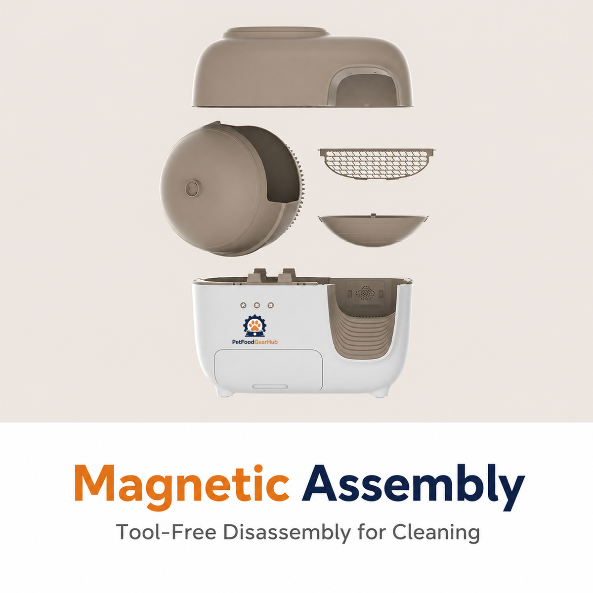 Exploded view of the enclosed litter box showing its top cover, drum, sieve, bowl, and base with magnetic assembly.