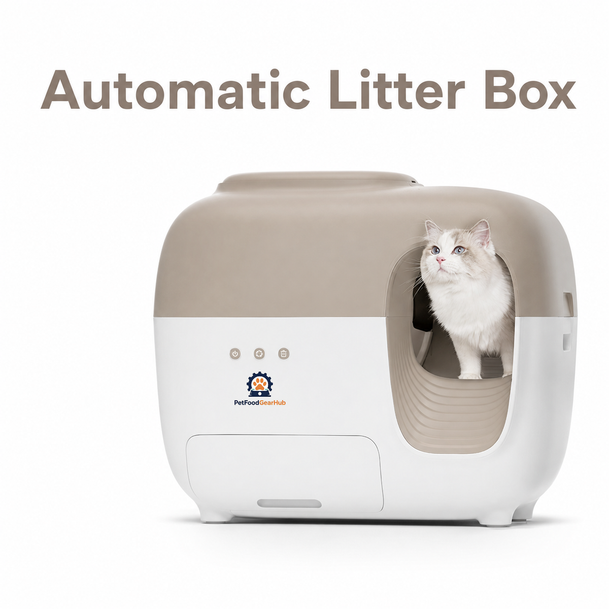 Brown-and-white enclosed automatic litter box with three front controls, a lower waste drawer, and a cat at the entrance.