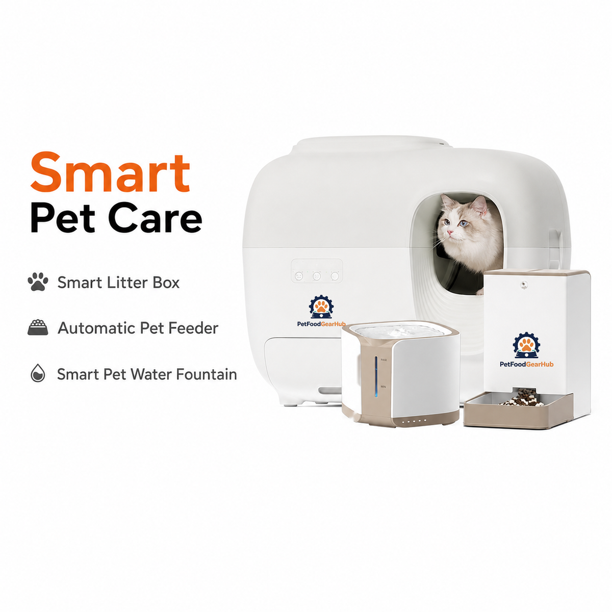 Smart pet-care display with a white enclosed litter box, automatic feeder with a brown tray, and compact water fountain.