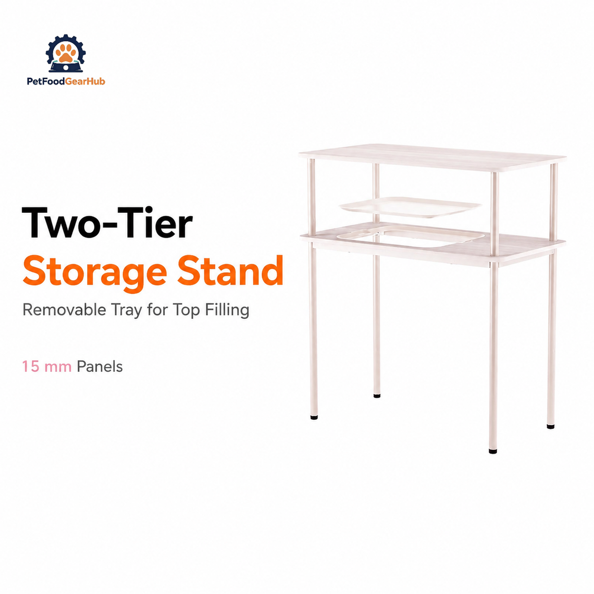 Pale pink two-tier storage stand with four legs, 15 mm panels, and a removable center tray for access from above.