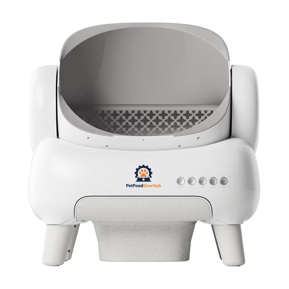 PetFoodGearHub White M1+ open-top automatic litter box, front view on a white background