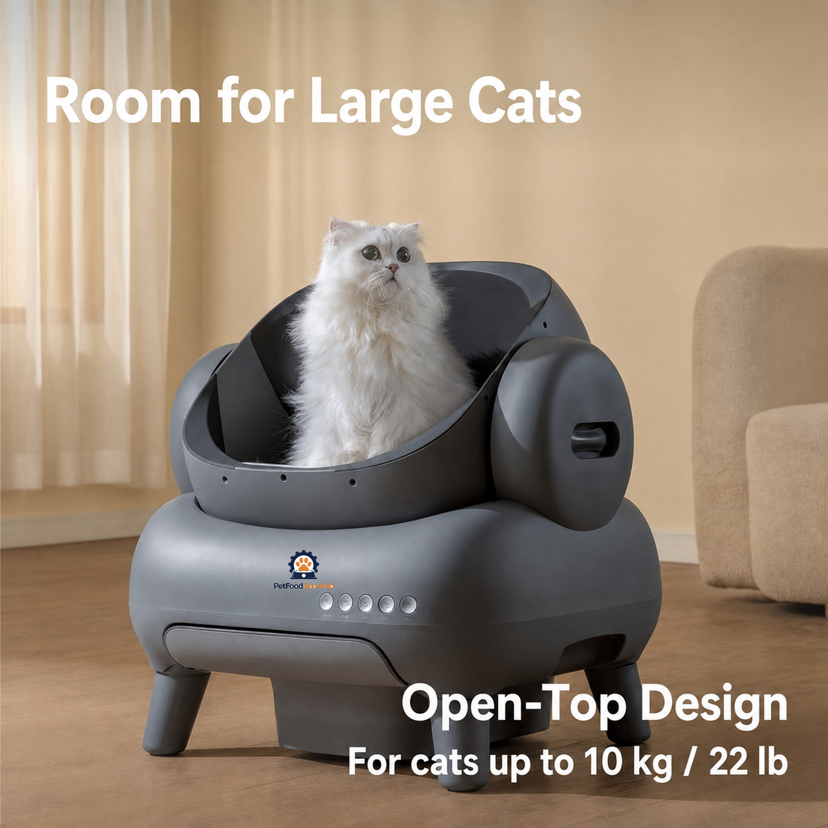 PetFoodGearHub Gray M1+ automatic litter box in a living room with a cat