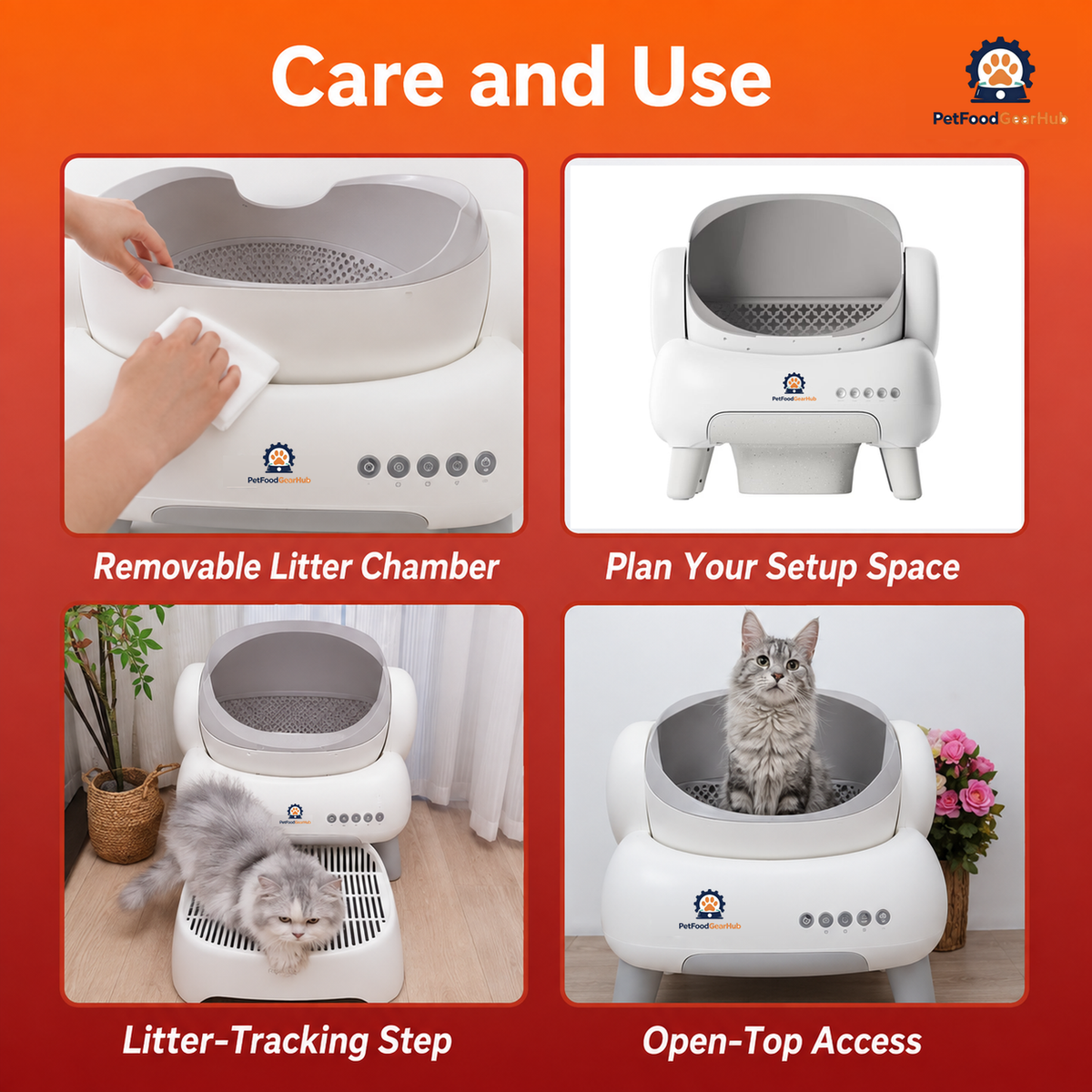 PetFoodGearHub M1+ litter box open-top access and care details