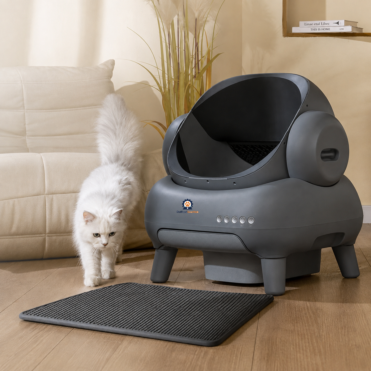 PetFoodGearHub Gray M1+ automatic litter box with a gray litter-tracking mat and cat