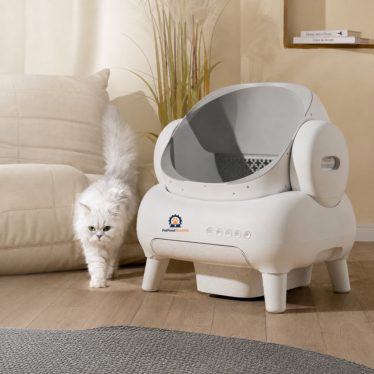 PetFoodGearHub Gray M1+ open-top litter box with a cat in the litter area