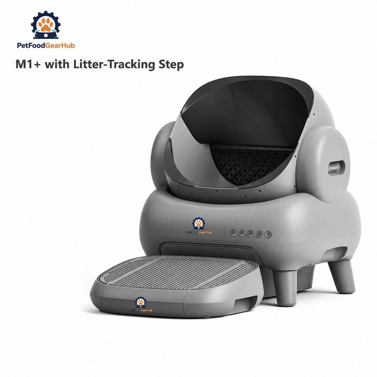 PetFoodGearHub Gray M1+ automatic litter box with its matching step accessory