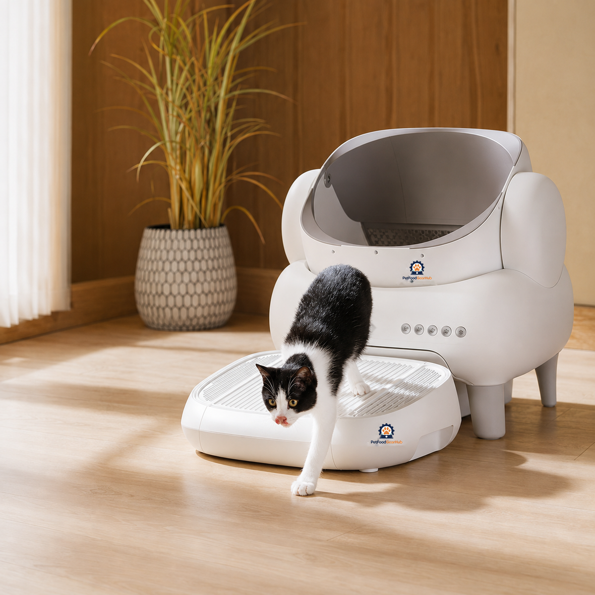 PetFoodGearHub White M1+ automatic litter box with a matching step accessory