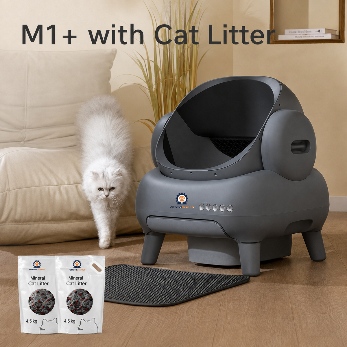 PetFoodGearHub Gray M1+ litter box pictured with two bags of mineral cat litter