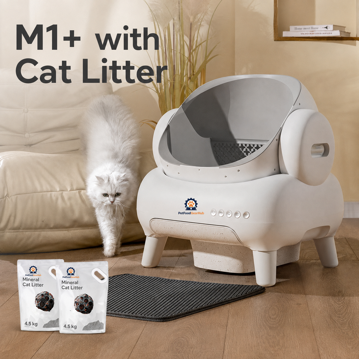 PetFoodGearHub White M1+ litter box pictured with two bags of mineral cat litter