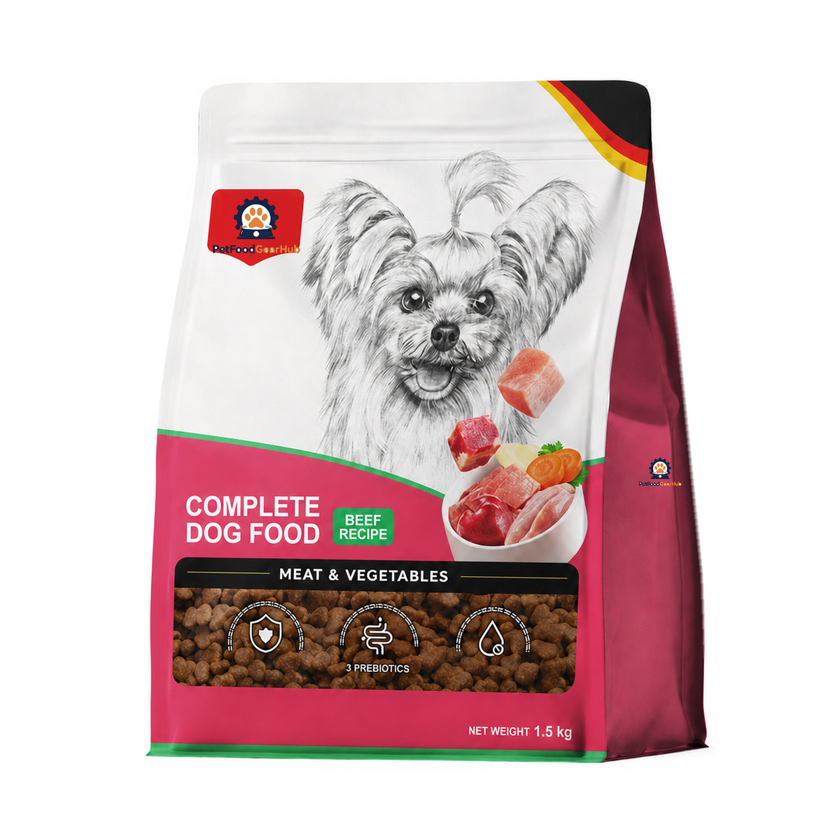 PetFoodGearHub complete dog food, beef recipe, in a 1.5 kg white and pink pouch with a Yorkshire terrier illustration.