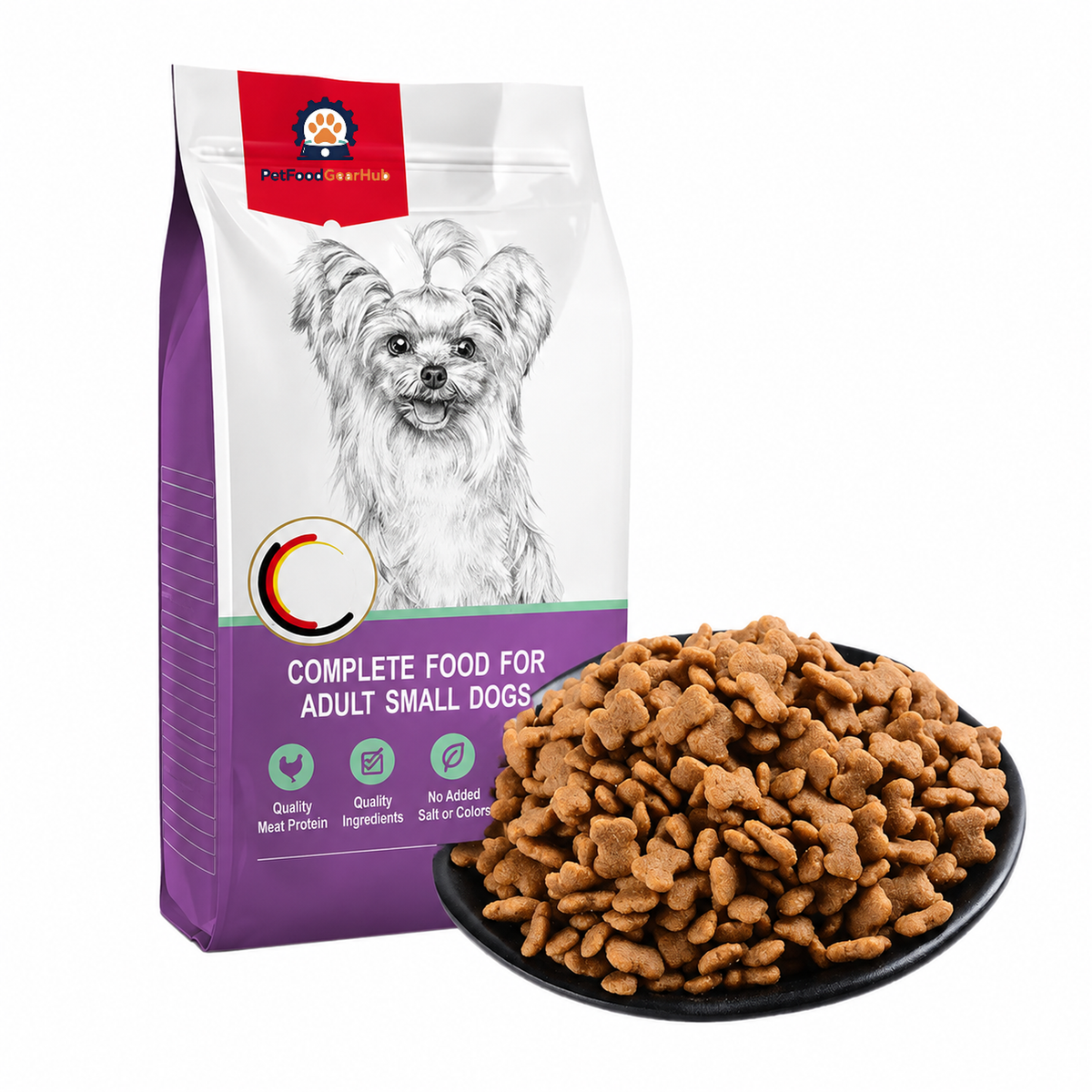 Angled view of PetFoodGearHub adult small dog food in a purple 1.5 kg pouch, beside a black bowl of bone-shaped kibble.