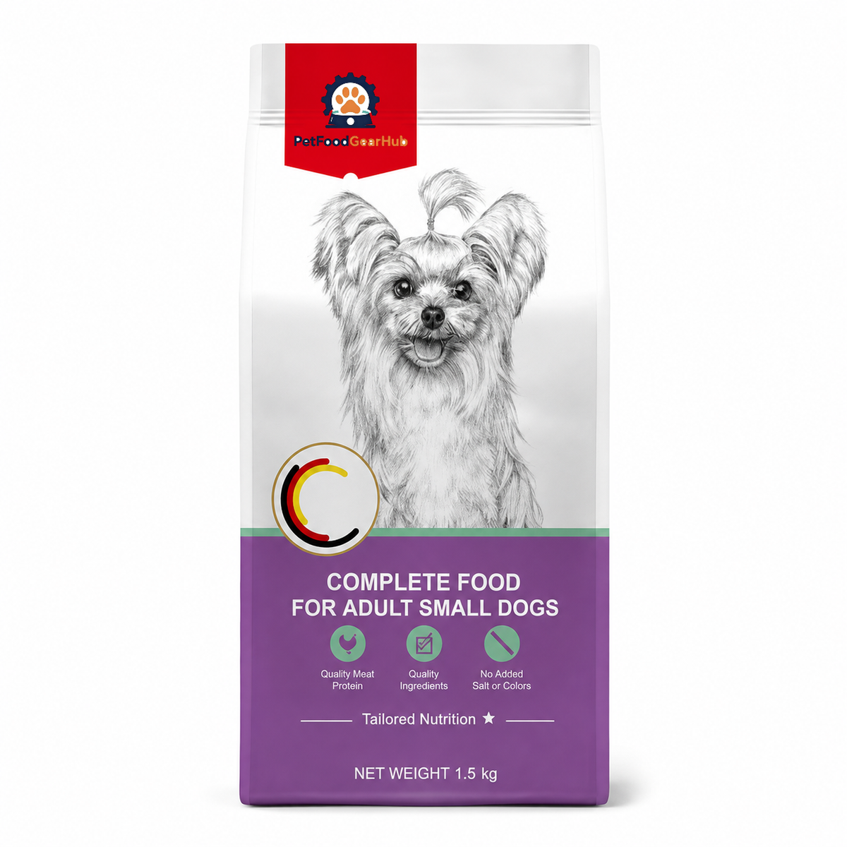 Front view of PetFoodGearHub adult small dog food in a purple 1.5 kg pouch with a Yorkshire terrier illustration.