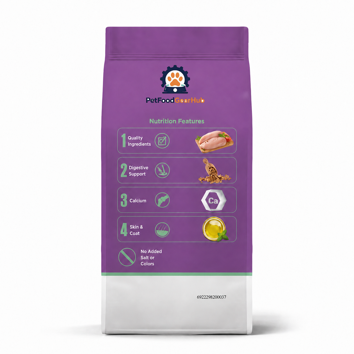 Back of the purple PetFoodGearHub adult small dog food pouch, showing ingredient pictures and English product information.