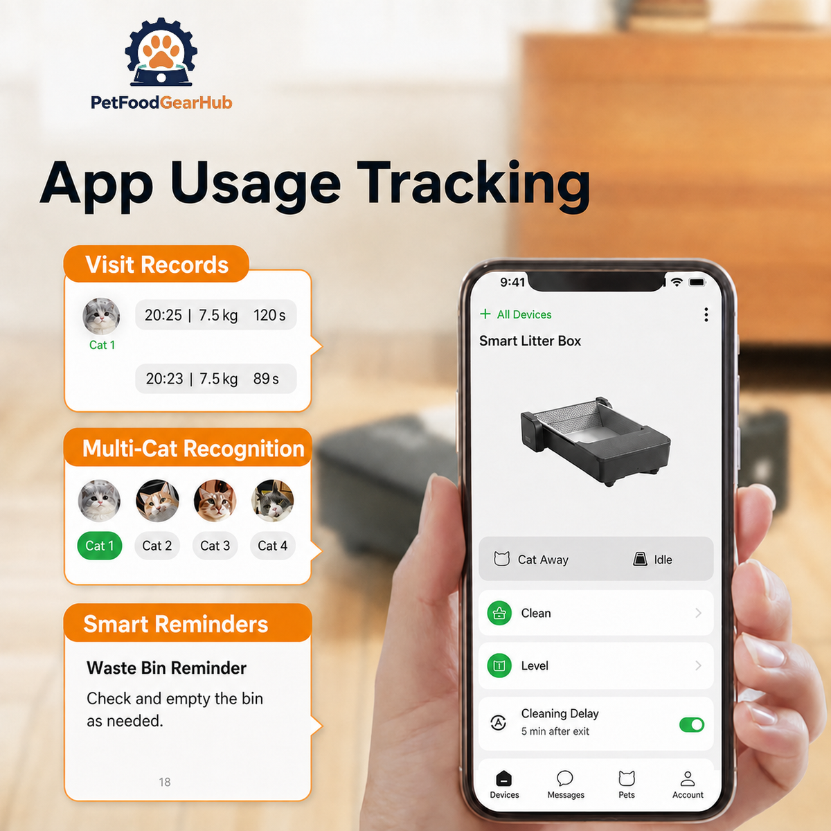 C30 app usage-tracking screen with visit records, multi-cat profiles, cleaning delay, and a waste-bin reminder.