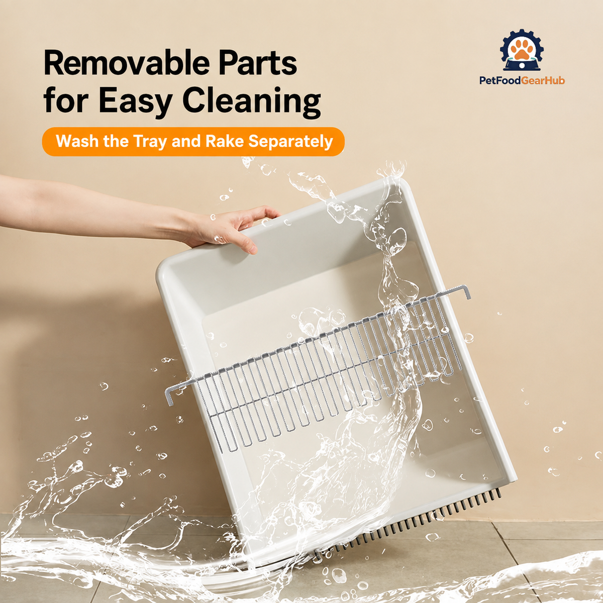 C30 removable white litter tray and metal rake shown with water, illustrating separate washing of these components.