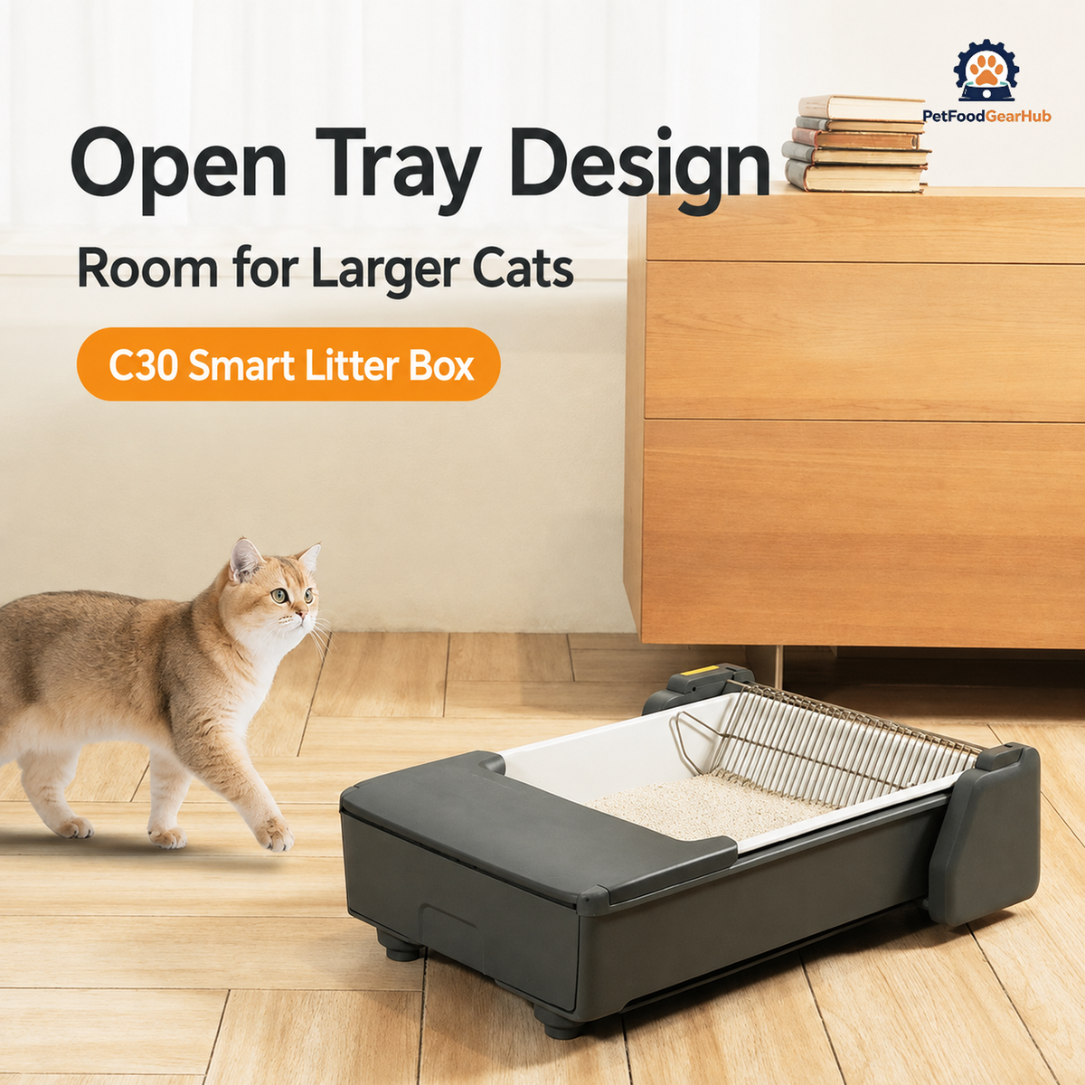 PetFoodGearHub C30 open automatic litter tray beside a brown cat in a living room, showing the low entry and metal rake.