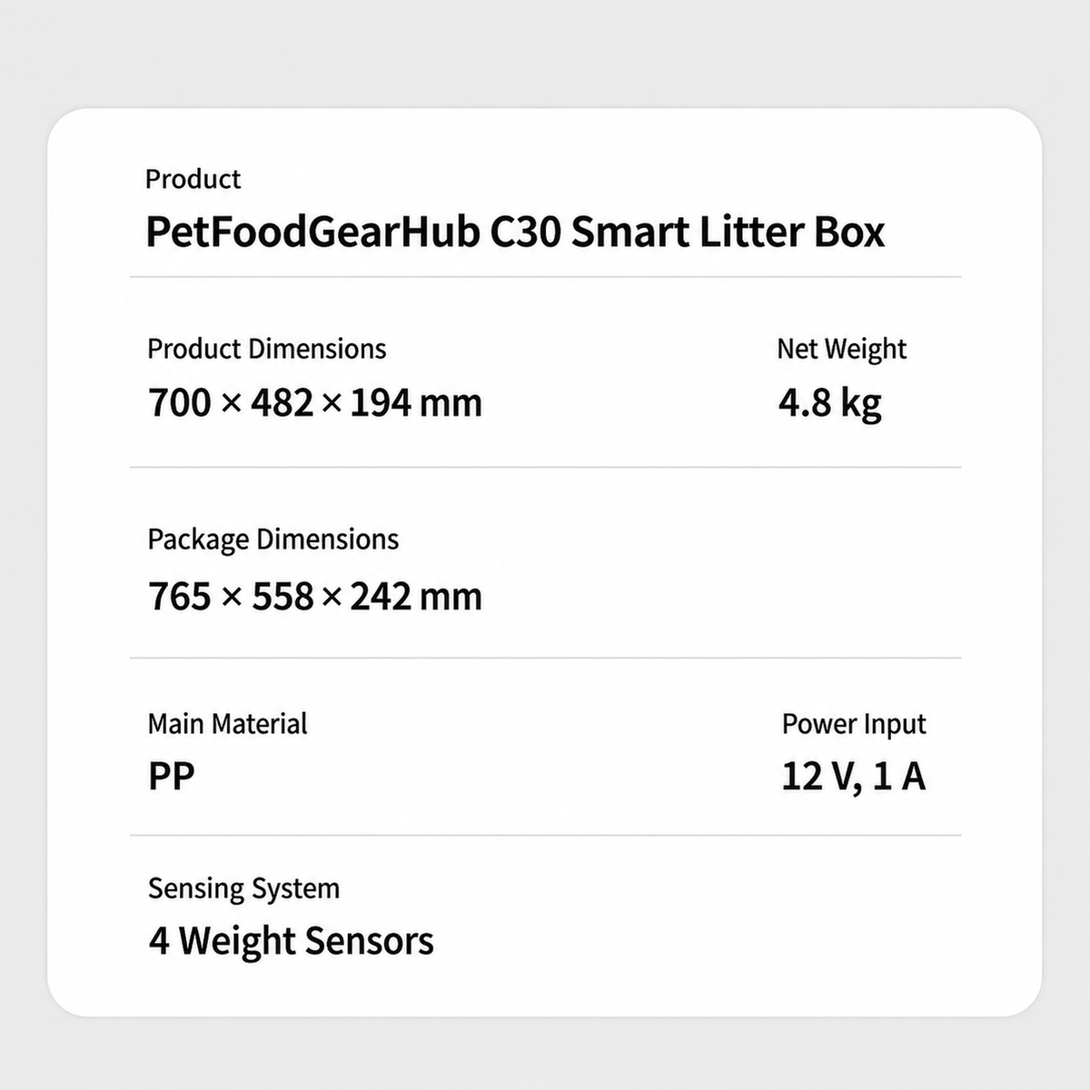 C30 specification table listing dimensions, 4.8 kg weight, PP material, 12 V power input, and four weight sensors.