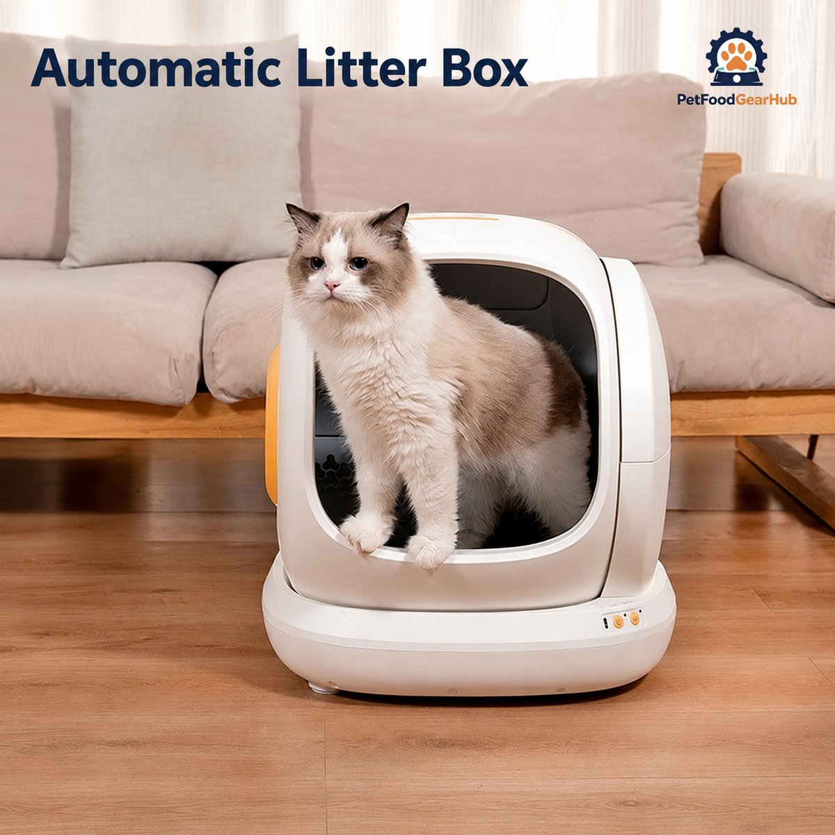 Compact cream automatic litter box with orange trim and a Ragdoll cat at the entrance, positioned in front of a sofa.