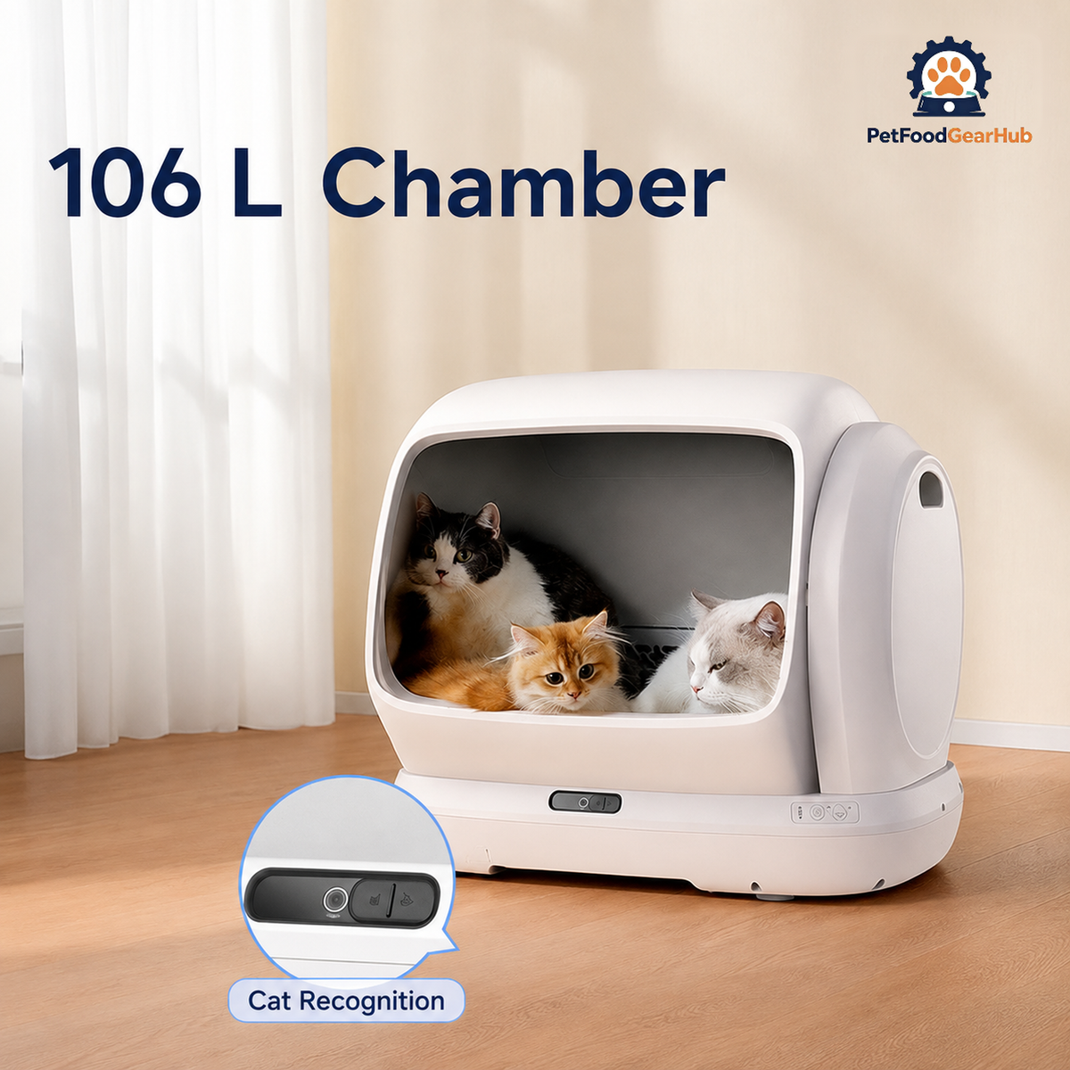 106 L enclosed litter box with three cats and a circular close-up of the front camera used for cat recognition.