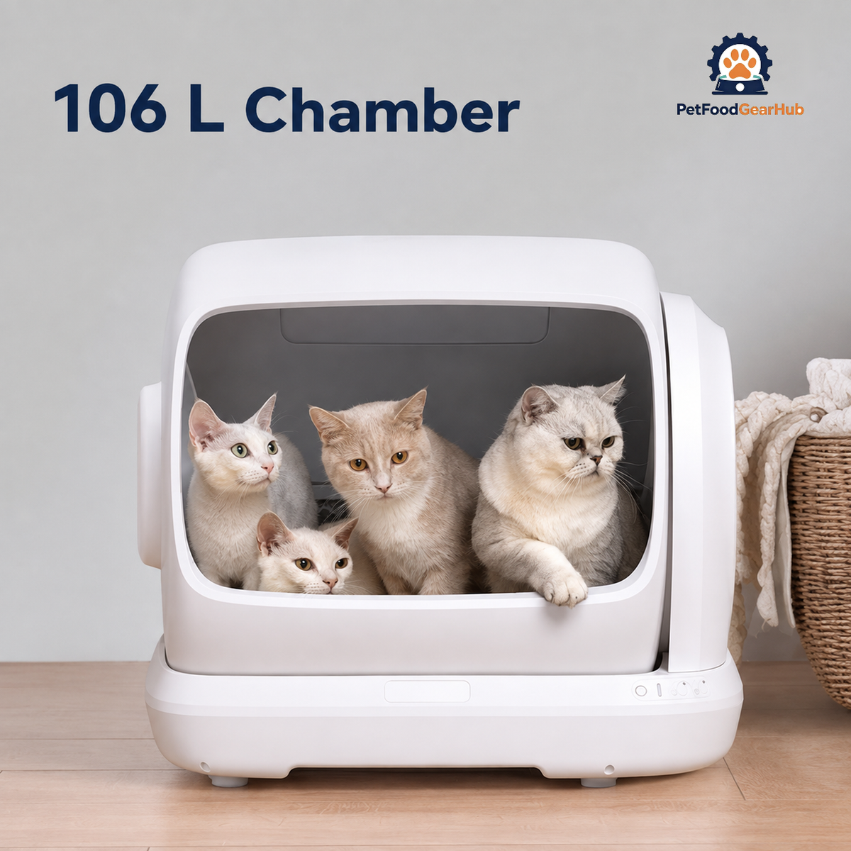 106 L litter chamber shown with four cats at the wide rectangular entrance of the white automatic litter box.