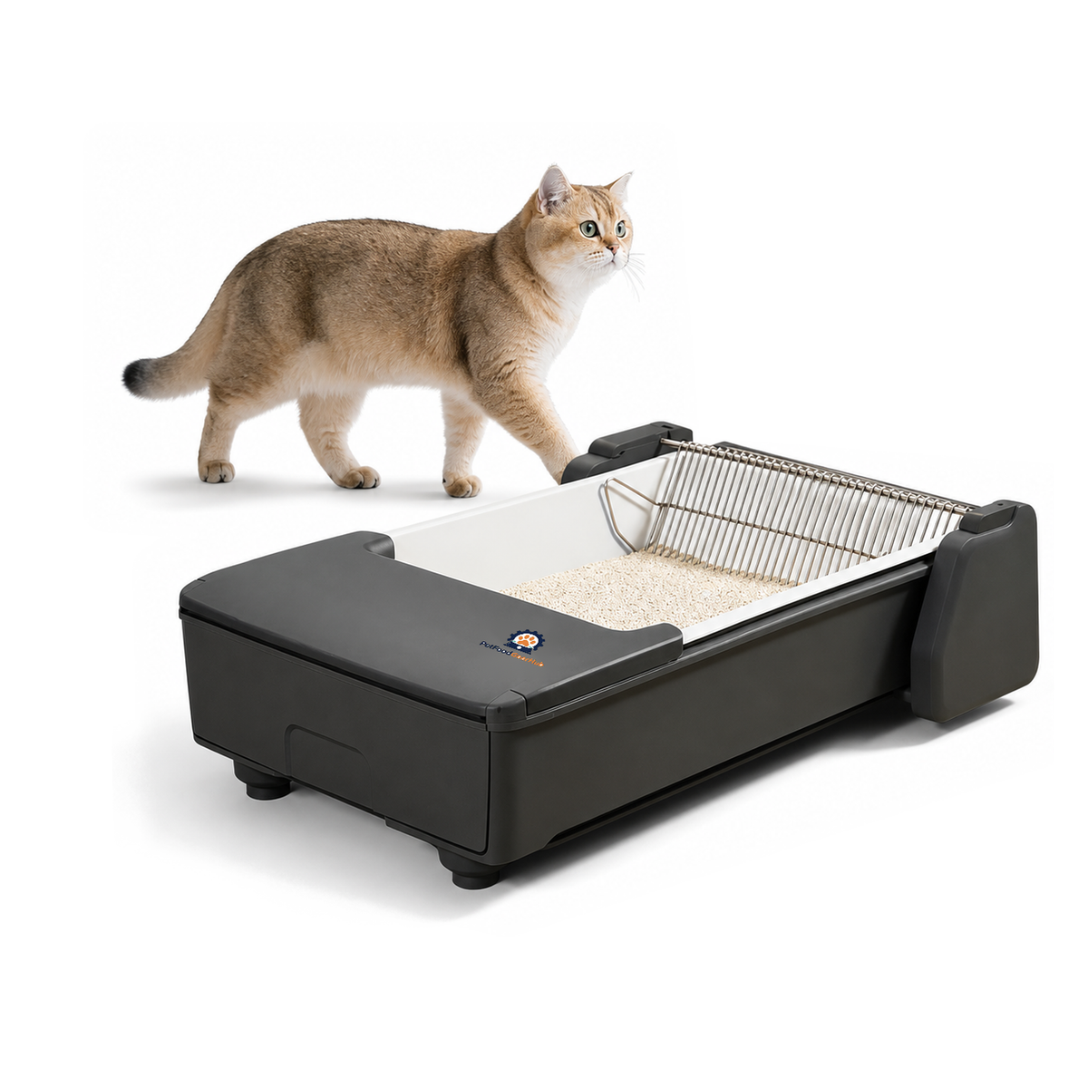PetFoodGearHub C30 charcoal automatic litter tray with a white liner, metal rake, side motor housing, and brown cat.
