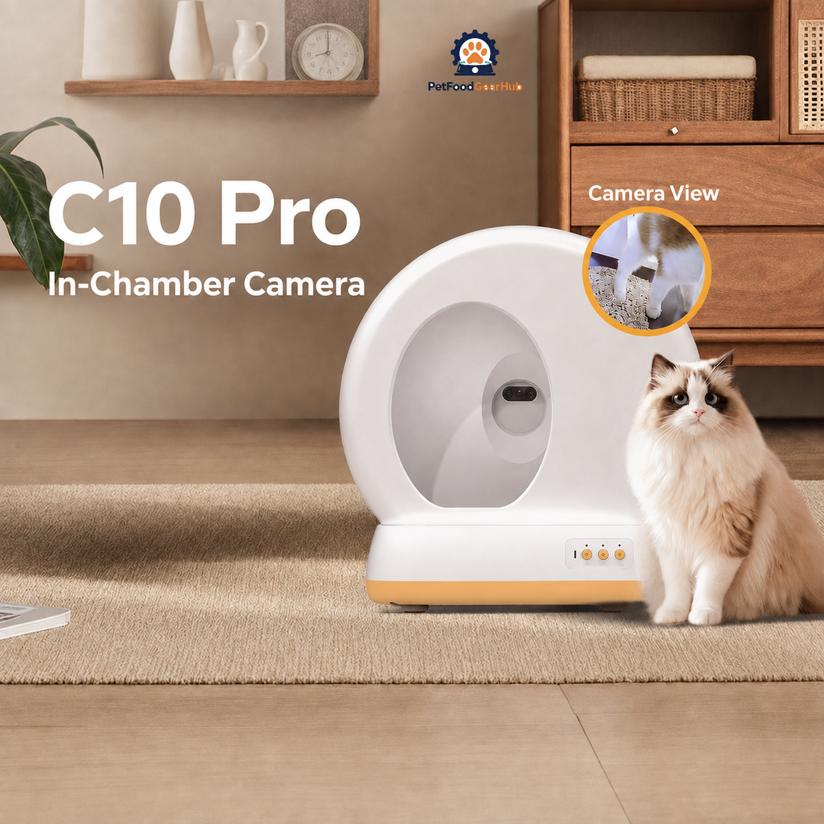 C10 Pro automatic litter box with orange base trim, a Ragdoll cat, and a circular inset showing the in-chamber camera.